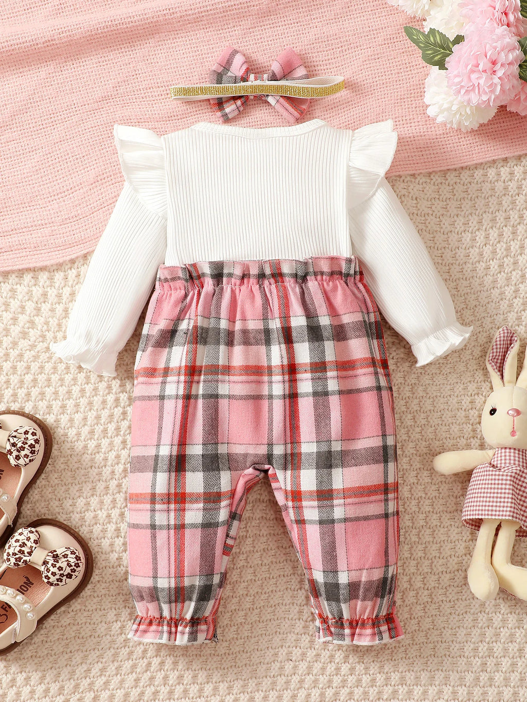 Newborn Baby girl Spring Autumn Jumpsuit Flying sleeves Pink Checkered Long sleeved Jumpsuit+Headband for 0-18 Months Baby girl