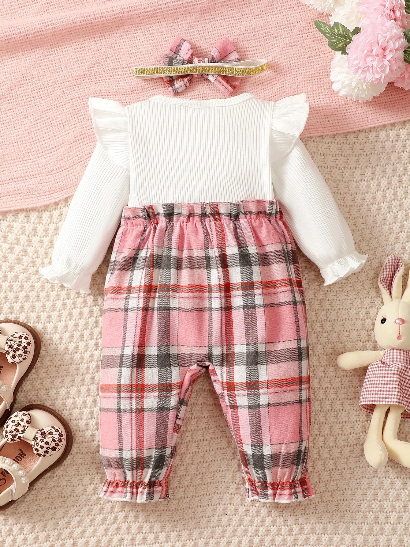 Newborn Baby girl Spring Autumn Jumpsuit Flying sleeves Pink Checkered Long sleeved Jumpsuit+Headband for 0-18 Months Baby girl