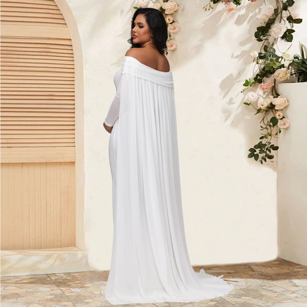 Maternity Mesh Long Sleeve Off Shoulder Chiffion Shawl Long Dress Photography Bodycon Mermaid Gown for Photoshoot Baby Shower