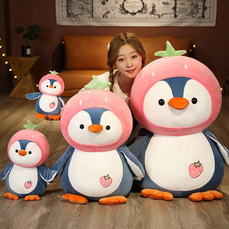 1PC Cartoon Penguin Plush Toys Kawaii Soft Doll Dress up Strawberry Orange Kids Plushie Girls Gift