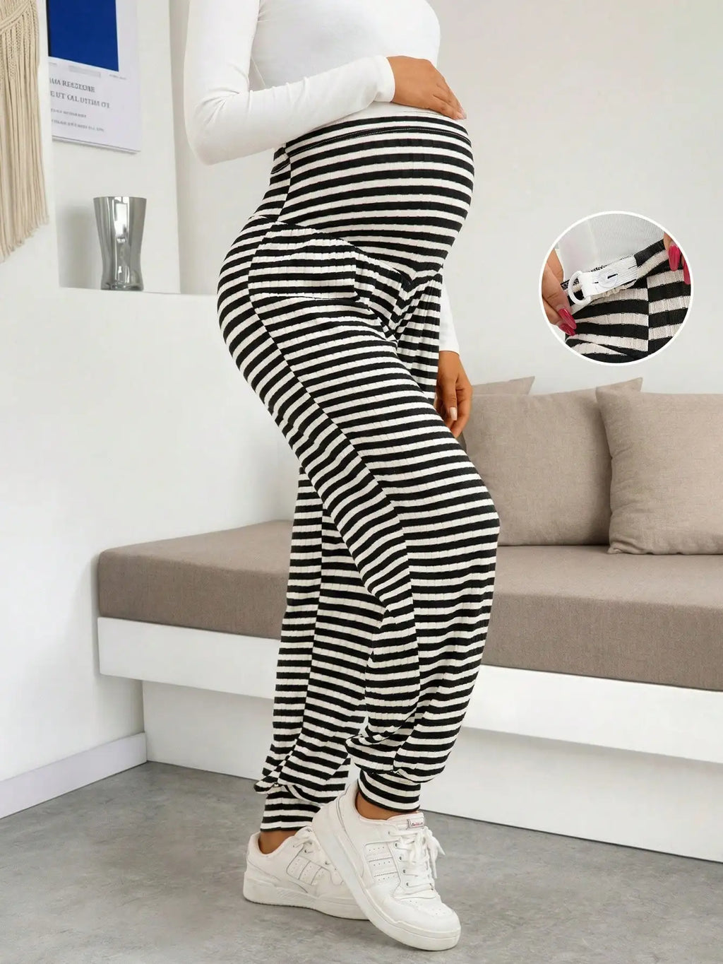 Maternity Women's Dress Leggings for Work and Under Dresses Striped Adjustable Waist Casual Jogger Leggings