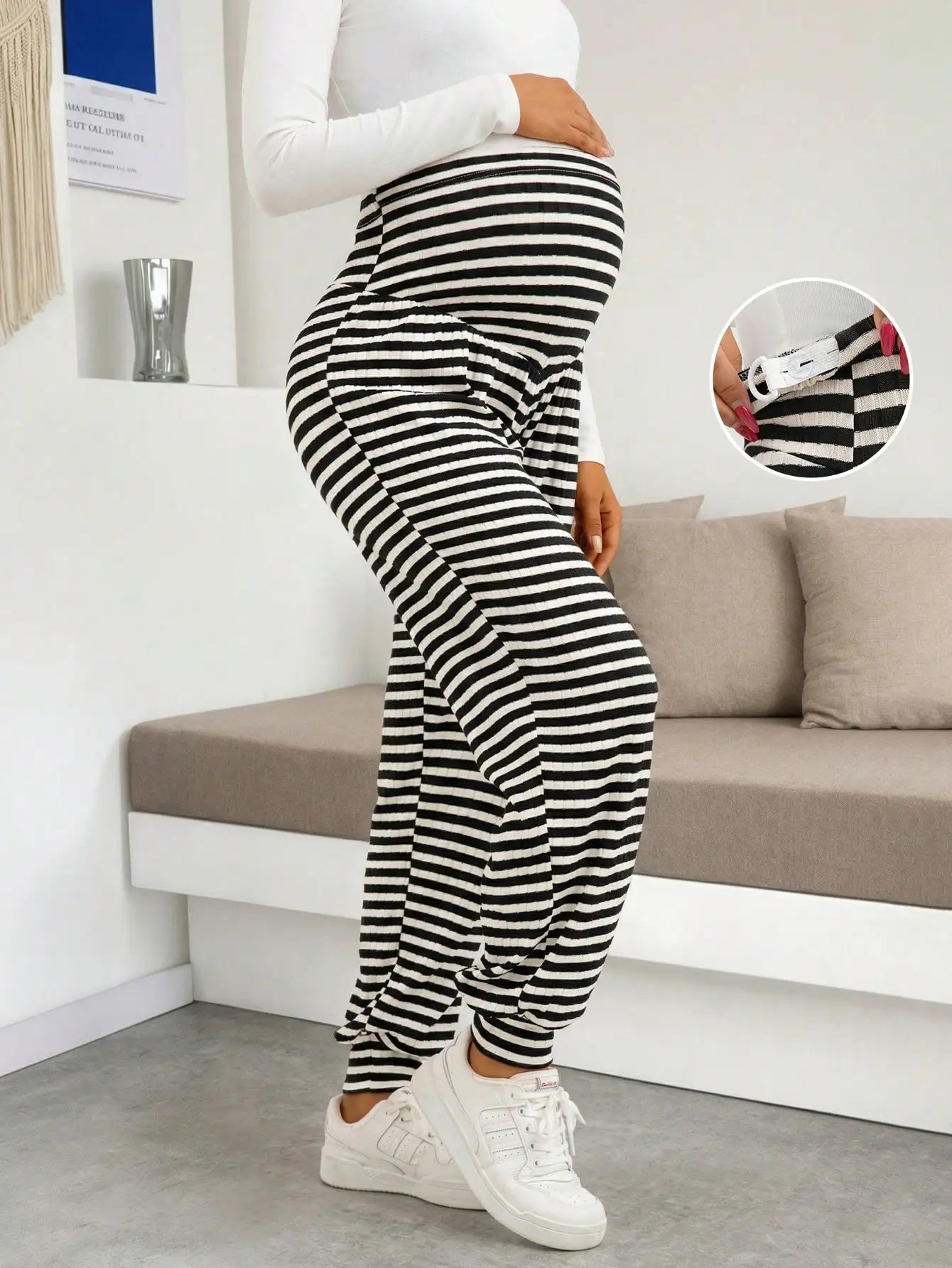 Maternity Women's Dress Leggings for Work and Under Dresses Striped Adjustable Waist Casual Jogger Leggings