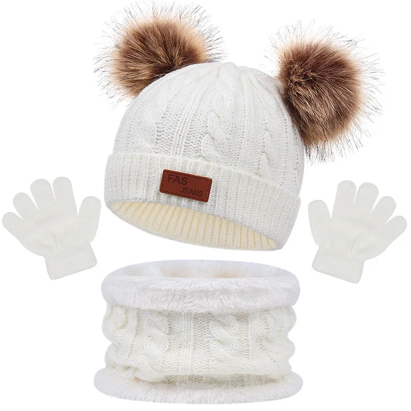 Winter Children Scarf And Hat Three Piece Set With Pom Pom Baby Infant Knitted Hat Warm Wool Thickened