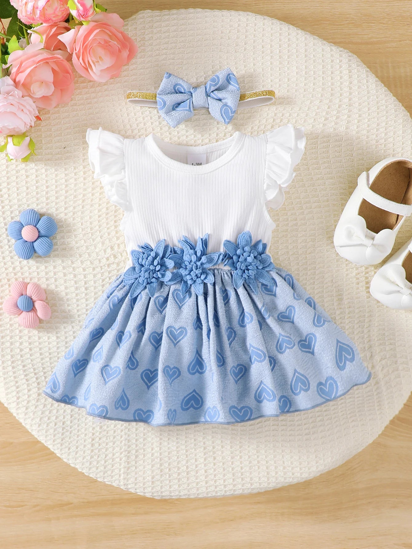 Baby Girl dress Round neck Flying sleeves Heart print Dress+Bow for 0-18 Months Summer Baby girl Fashion Sweet Princess Dress