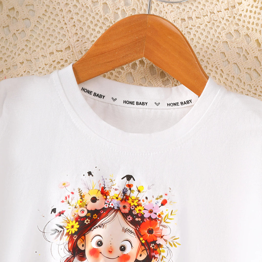 Children's Girls' Tops with Round neck, Cartoon Little girl Short sleeves, suitable for 1-7 Years old Girls' Casual Sets