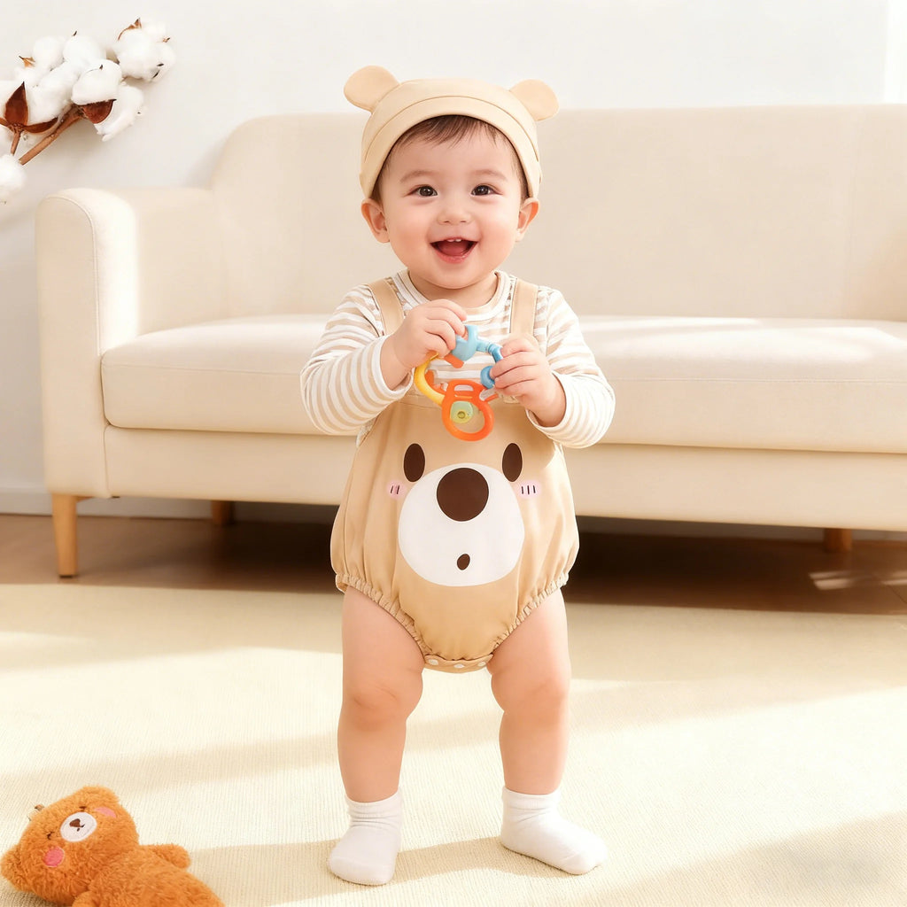 2Pcs Newborn Baby boy Bodysuit Little bear Pattern Long sleeved Bodysuit+Hat Set 0-18 Months Baby boy Spring Autumn Bodysuit