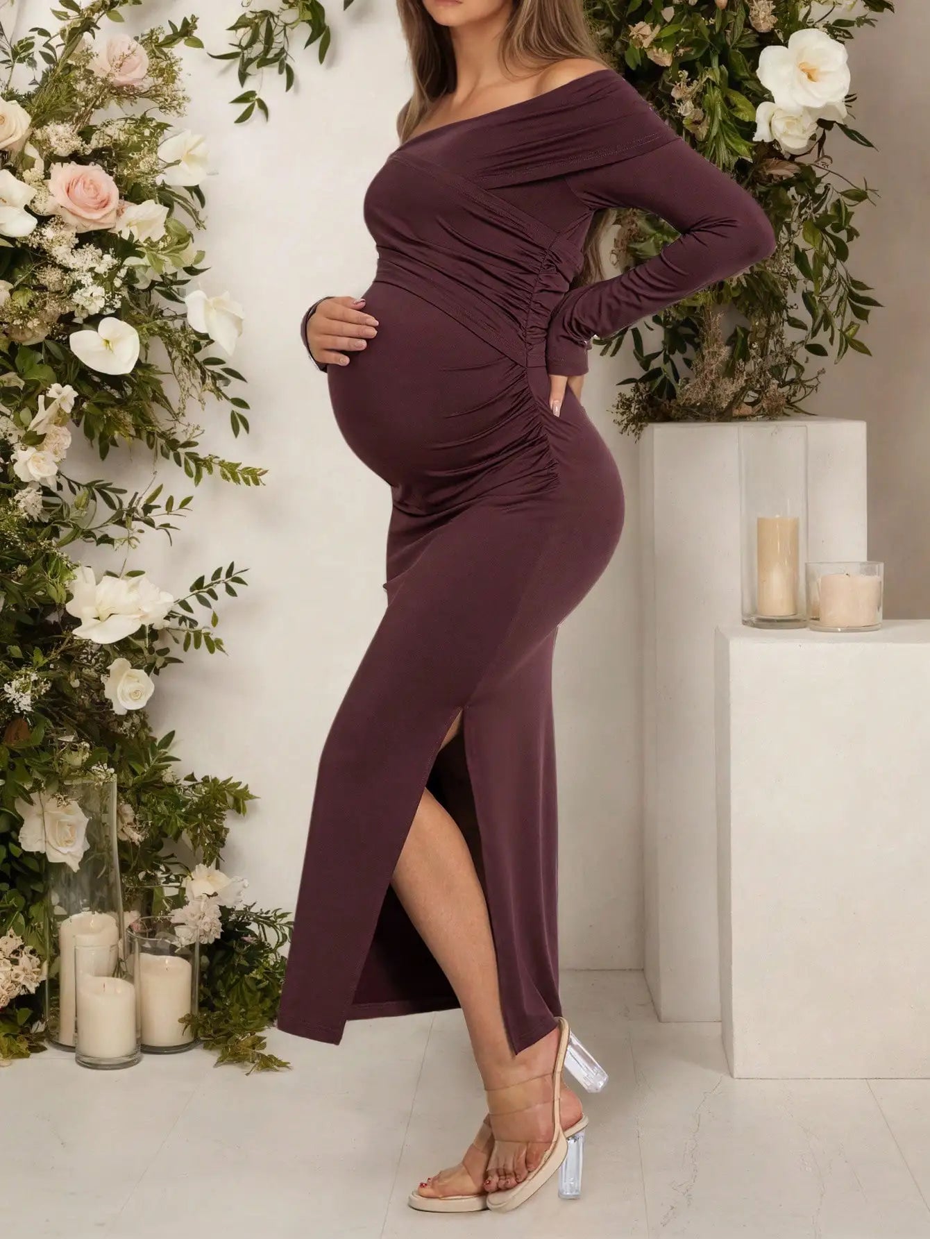 Pregnant Women Maternity Dresses Off Shoulder Long Sleeve Ruched Maxi Dress with Side Slit for Baby Shower, Photoshoot