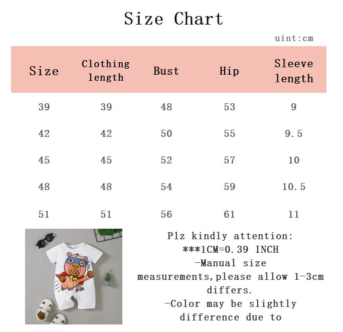 Newborn Male baby Summer Jumpsuit Superman Capybara Pattern Short sleeved Jumpsuit Suitable for Male Babies aged 0-18 Months