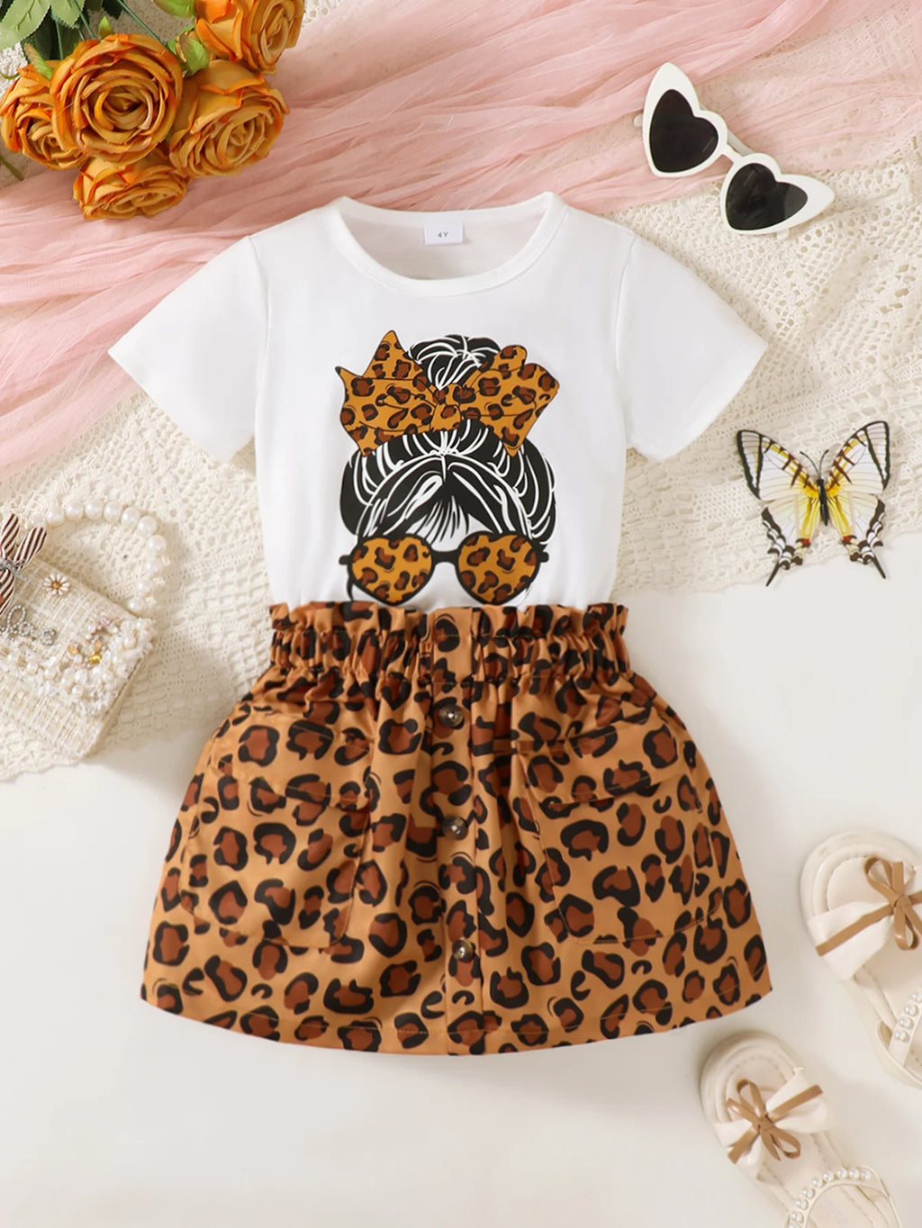 Summer 0-4 Years Old  Infant  Baby  Girls  Little Girl  Print  Top  And  Leopard  Print  Skirt  Casual  2-Piece  Set