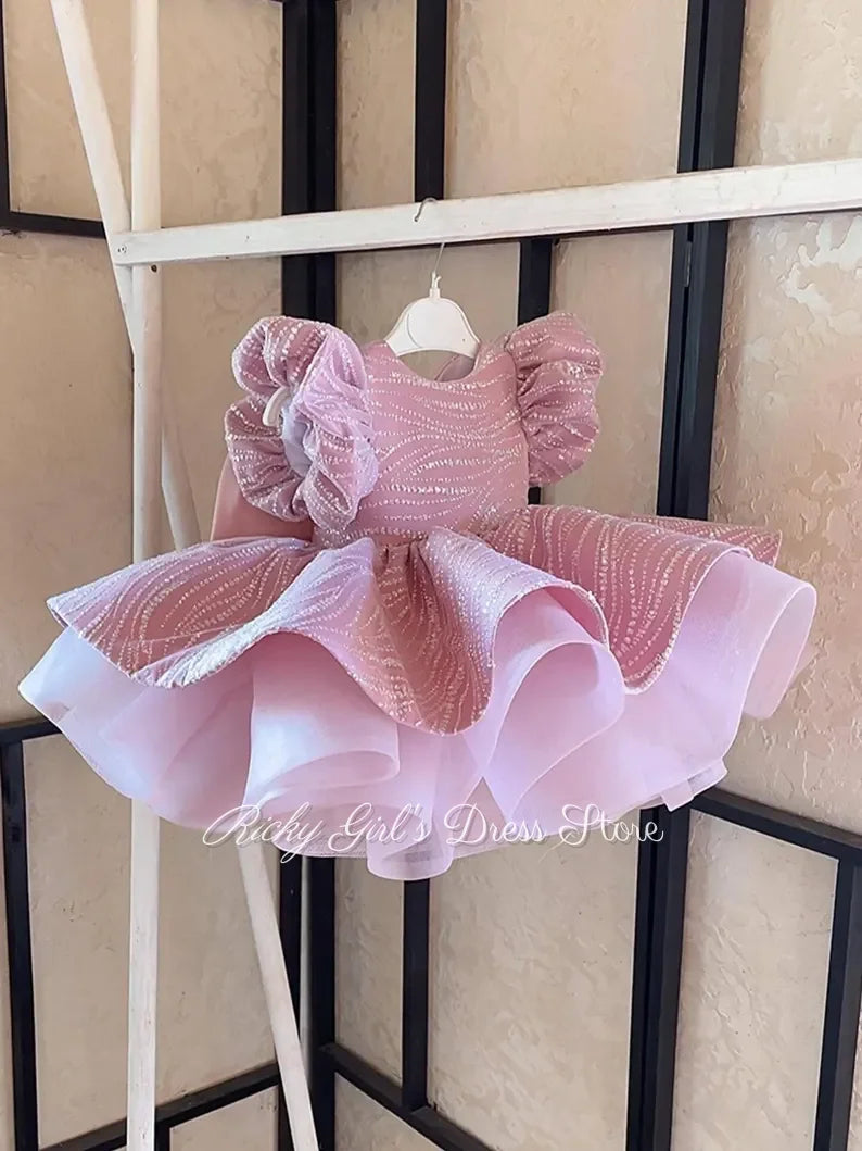 Blush Pink Flower Girl Dress For Wedding Special Occasion Glitter Sequin First Birthday Dress With Puff Sleeve Birthday Party