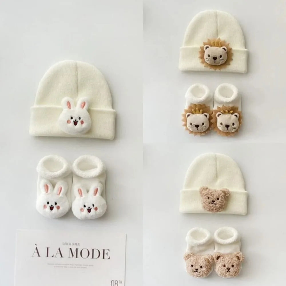 2PCS/Set New Cartoon Baby Hat Socks Cute Animal Woolen Warm Pullover Hats Winter Knitted Beanies Newborn Short Socks Boy Girl