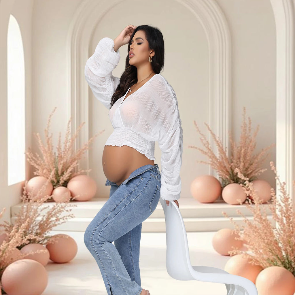 Maternity Sexy Drape Chiffon Blouse Elegant V-Neck Puff Long Sleeves Women Cropped Tops for Baby Shower Party Photoshoot