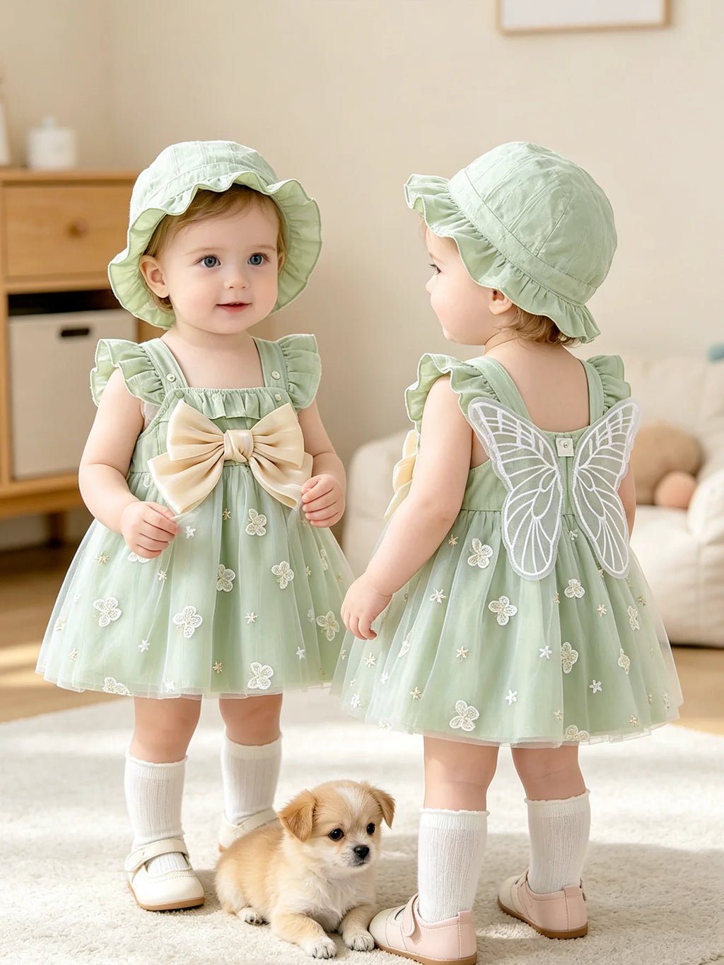 Baby girl bow green flying sleeve mesh fresh girl suspender princess dress two-piece set spring and summer dress