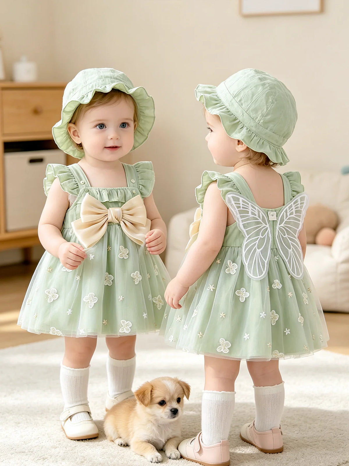 Baby girl bow green flying sleeve mesh fresh girl suspender princess dress two-piece set spring and summer dress