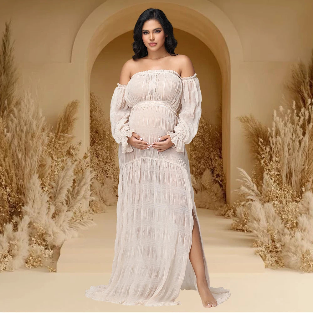 Bohemian Maternity Chiffon 2 Piece Photoshoot Dress Baby Shower Maxi Dresses Off Shoulder Lantern Sleeve Ruched Slit Outfit