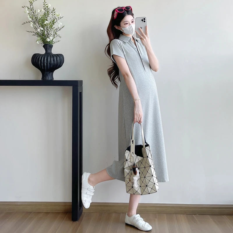 Korean Style Pregnant Woman Knitted Dress for Summer Short Sleeve Turn-down Collar Maternity Casual Dress