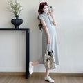 Korean Style Pregnant Woman Knitted Dress for Summer Short Sleeve Turn-down Collar Maternity Casual Dress