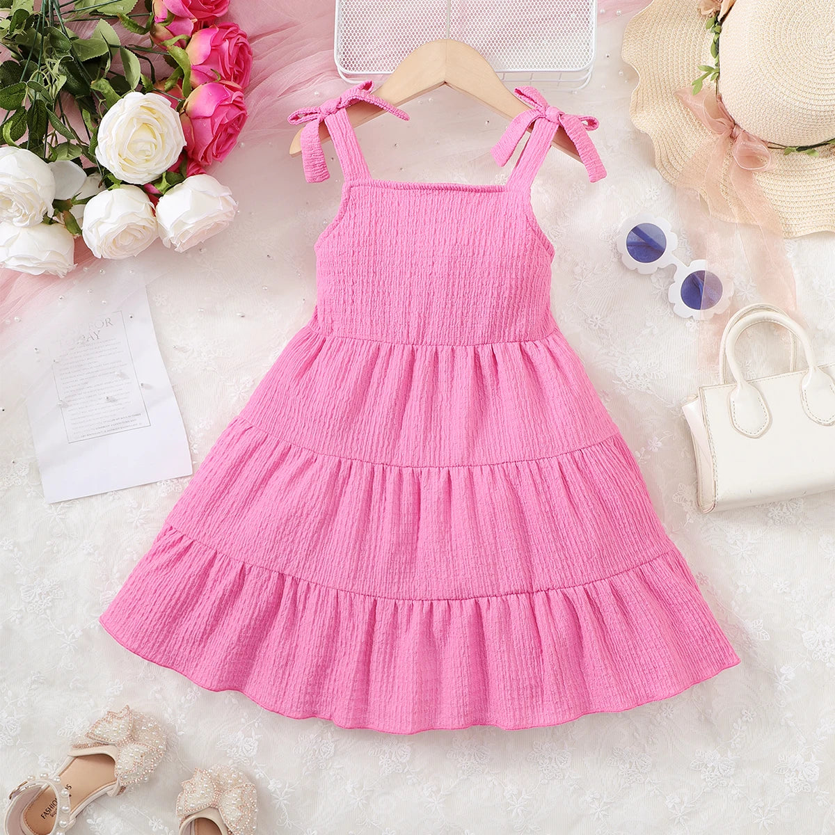 Children Girl Summer Dress Rose Red Bow Suspender Ruffle Comfortable and Soft Dress fit 4-7 Years  Cute Girls agedSeaside Beach