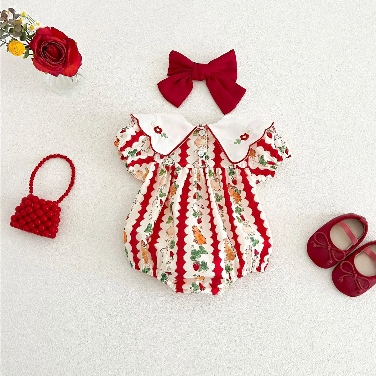 insBaby Girl Rabbit Cartoon Print Embroidered Collar Romper Infant Toddler Sweet Summer Short Sleeve Jumpsuit