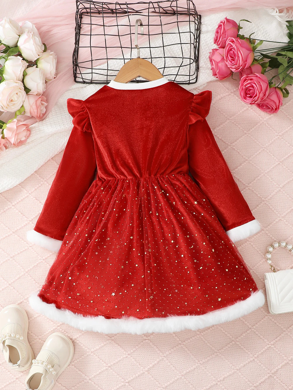 4-7 Year Children Girls Dress Round neck Satin Stars Tulle Ceremonial Dress for Girls' Spring  Autumn Fashion Party Dress