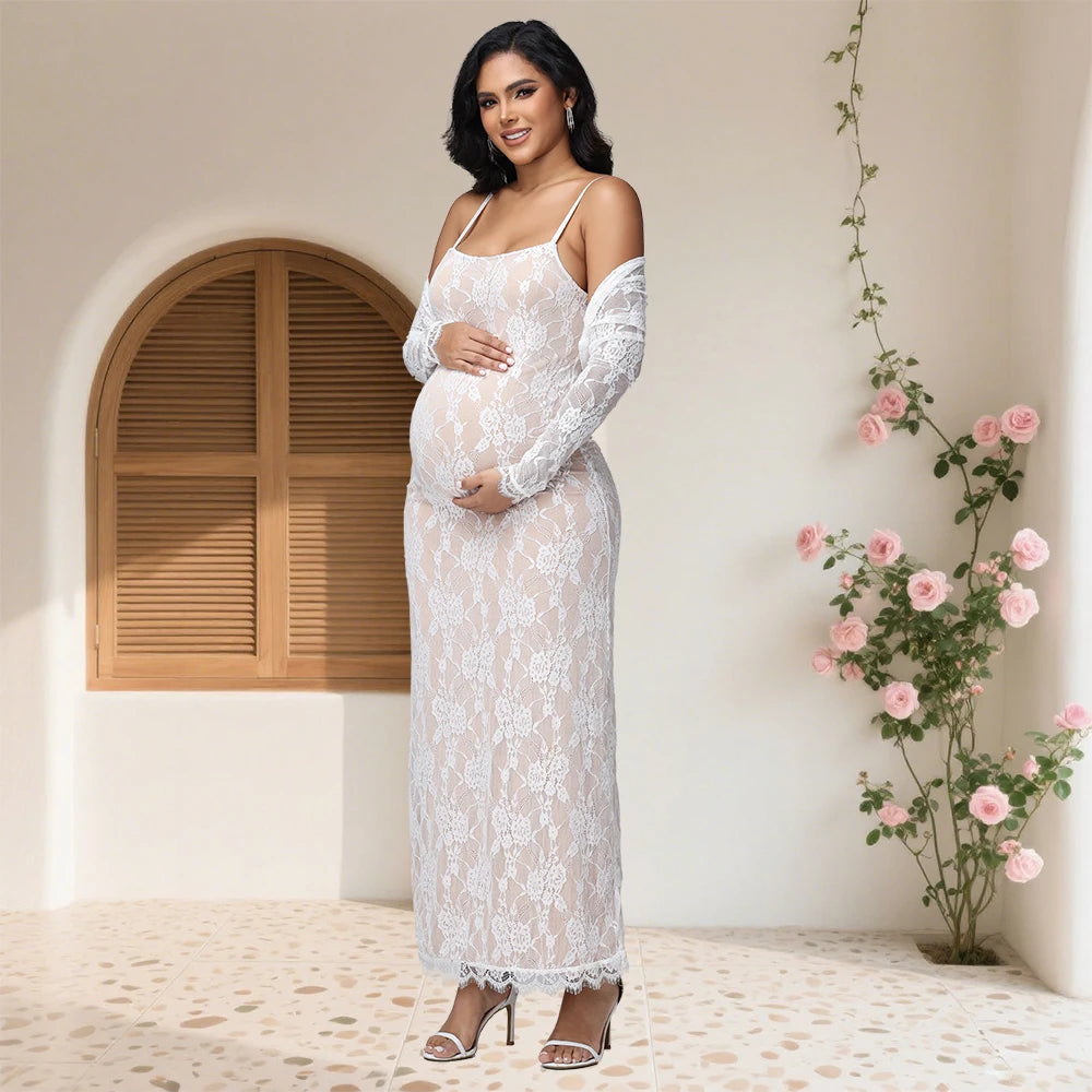 2026 Women's Maternity Long Sleeve Top & Spaghetti Strap Dress 2Pcs Photography Outfits Floral Lace Gown for Baby Shower Party