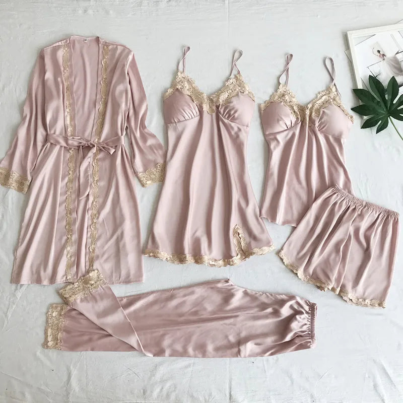 Simulation Silk Pajamas Maternity Wear Five-piece Set Suspenders Women's Loungewear Bathrobes Nightgowns Large Size