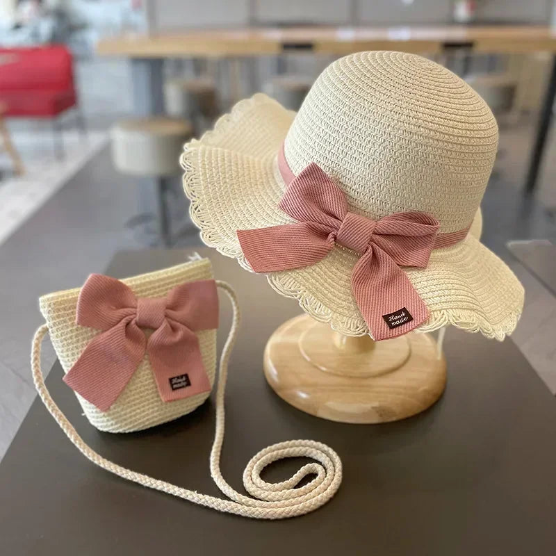 Kids Hat for Girls 2-7Y Straw Children's Sunshade Cap Bag Summer Baby Travel Sunscreen Beach Hat Sun Fisherman Cap Fashion Style