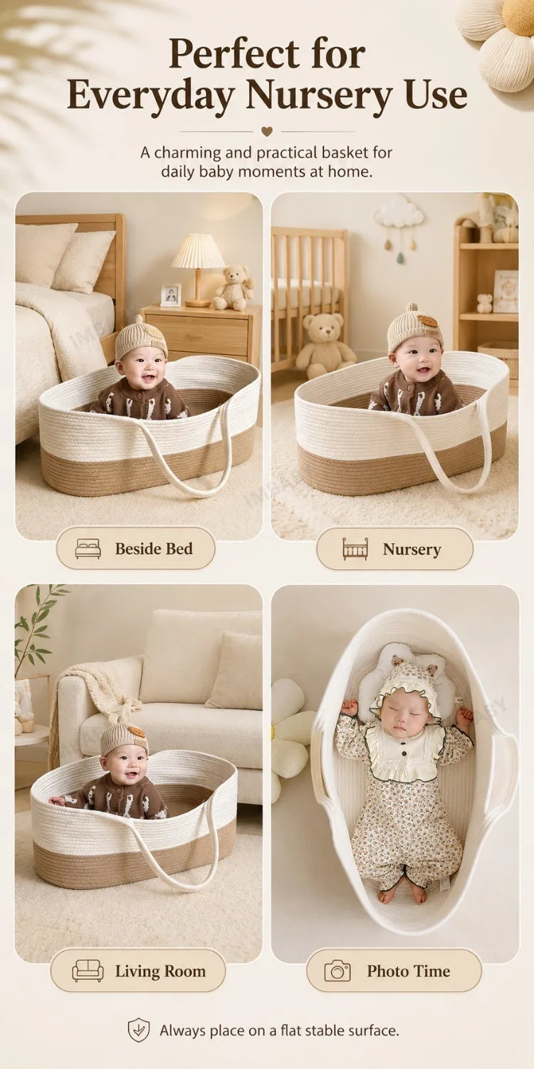 Portable Cotton Rope Baby Moses Basket, Breathable Woven Newborn Sleeping Bed with Handle, 2-in-1 Nursery Storage Organizer