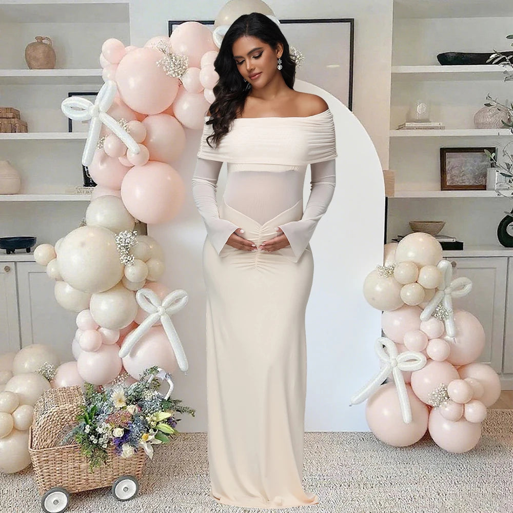 Maternity off Shoulder Long Sleeves Maxi Dress Mesh Paneled Rouched Baby Shower Outfit for Photoshoot