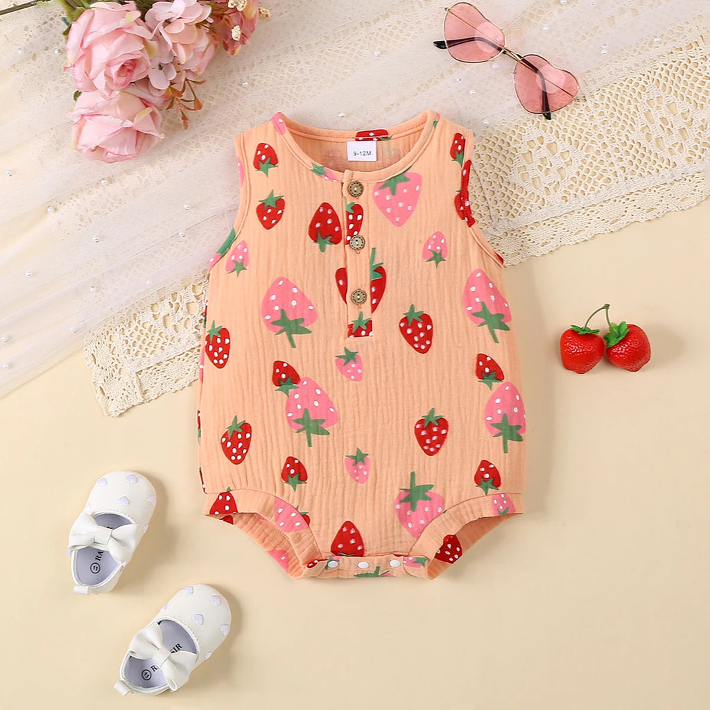 Summer Fashion Baby Girl Striped Triangle Jumpsuit Sleeveless Front Open Chest Full Print Strawberry Pattern Cute Baby Outfit