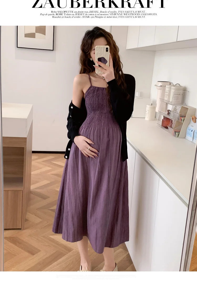 2026 Spring Maternity Dress Suits Long Sleeve Cardigans Strap Dress Twinset Pregnant Woman Clothing Set