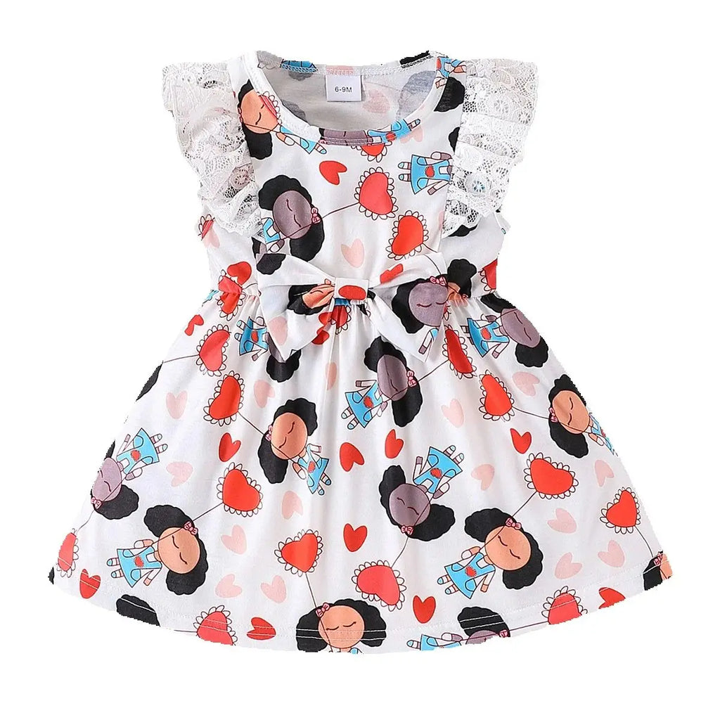 Summer Fashion Baby Girl Full Body Printed Lace Vest Dress with Bow Decoration round Neck Lace Decoration