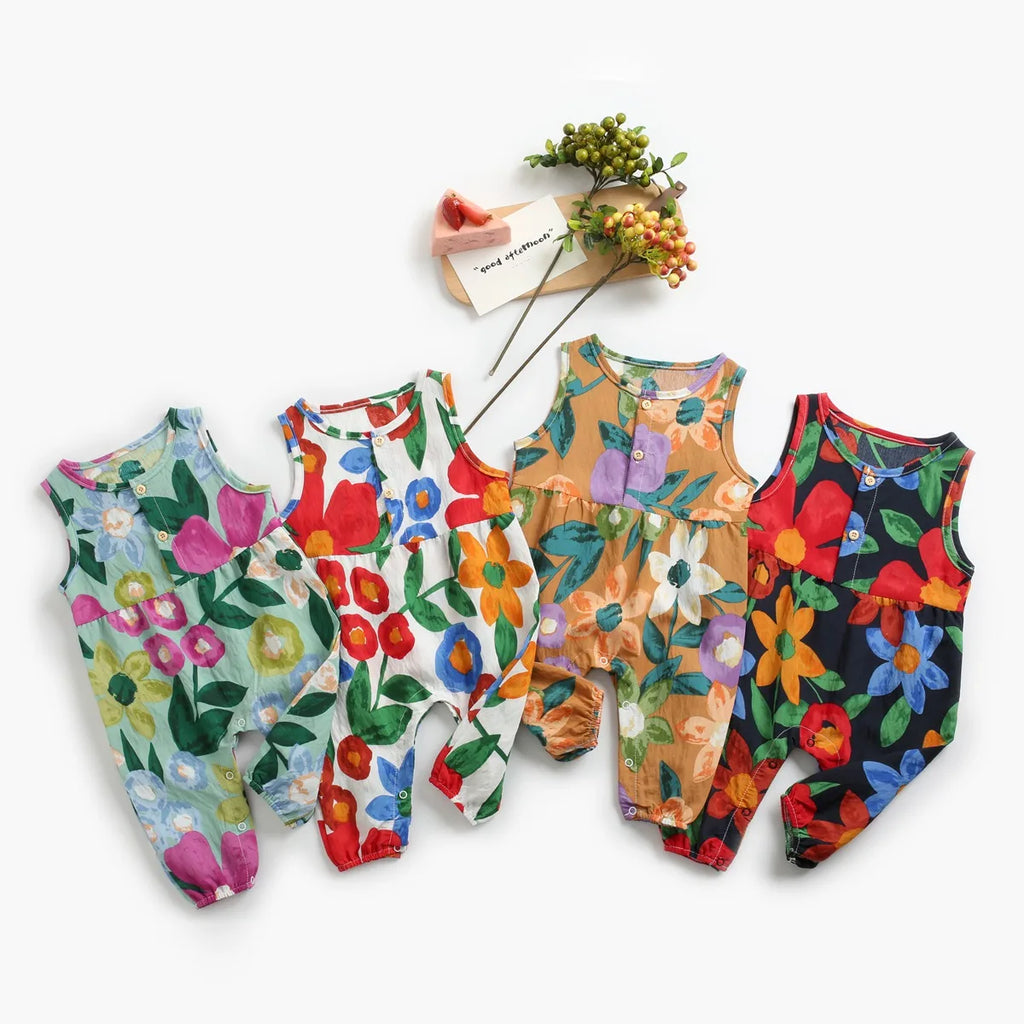 Baby Girls Printing Jumpsuits Flower Summer Rompers Cotton Toddler