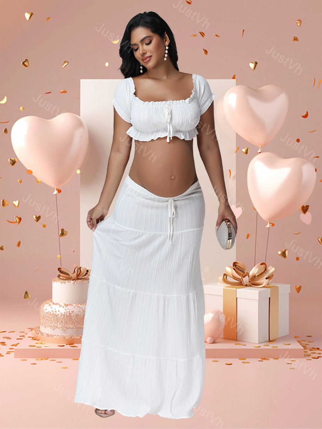 Maternity Photography Dress Sets 2Pc Sexy Ruffles Short Sleeves Tube Top T-shirt and Skirt Outfit for Photoshoot Baby Shower