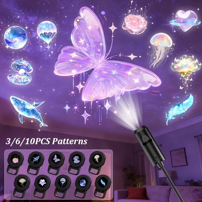LED USB Projector Light 3/6pcs Projection Patterns- Adjustable Whale Butterfly Jellyfish Starfish Night Light Festival Gift