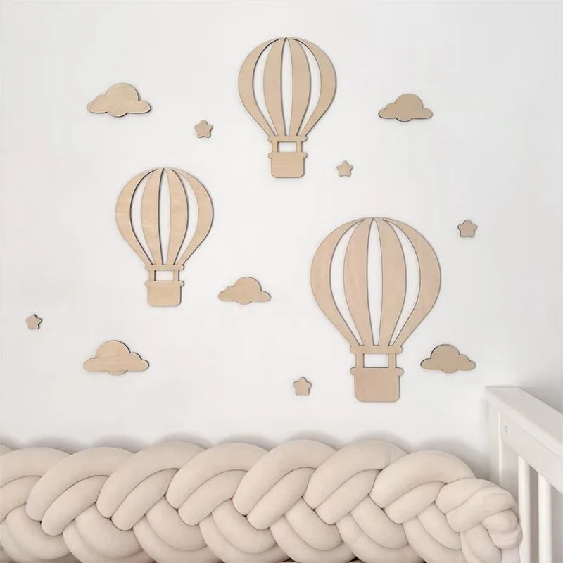 13Pcs/Set Natural Wood Style Wooden Shaped Clouds, Stars, and Hot Air Balloons for Home Decoration, Bedroom Room Decoration, Wooden Wall Art Background, Home Decor, Living Room Wooden Hot Air Balloon Wall Stickers, Perfect fo