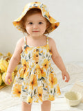 2pcs Summer Baby Girls Yellow Floral Dress Set, Cute Spaghetti Strap Sundress + Bucket Hat, Sweet Style, Daily/Beach Wear, 0-18M