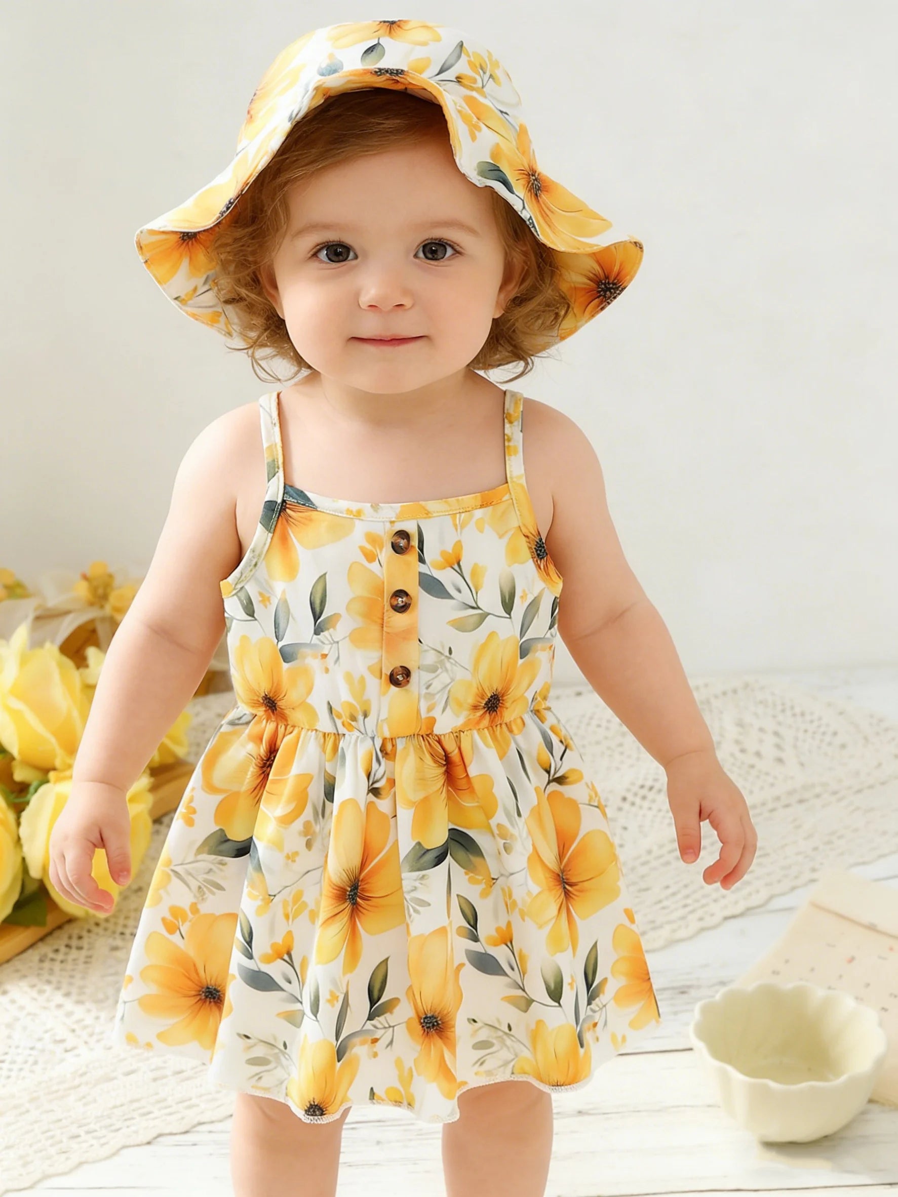 2pcs Summer Baby Girls Yellow Floral Dress Set, Cute Spaghetti Strap Sundress + Bucket Hat, Sweet Style, Daily/Beach Wear, 0-18M