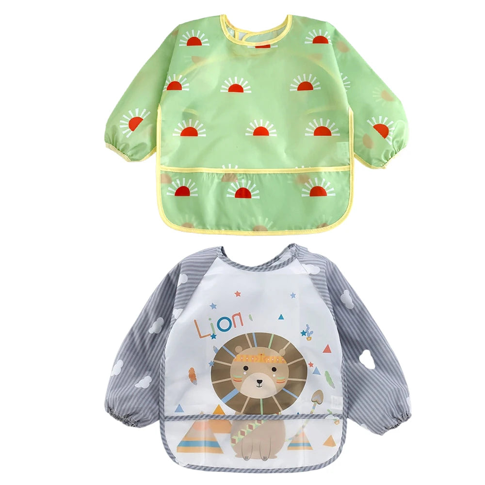 Waterproof Full Sleeve Baby Bibs 2 Pack for Feeding Smocks with Long Sleeves for Kids