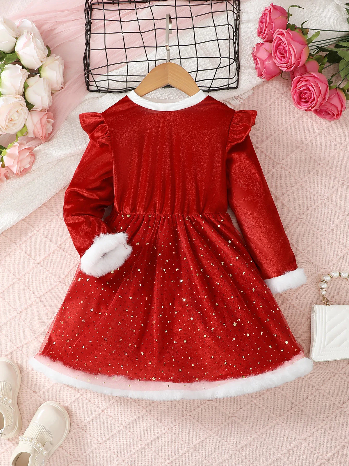 Girls Satin Stars Tulle Ceremonial Dress for Ages 4 to 7 Round Neck Autumn Party Fashion