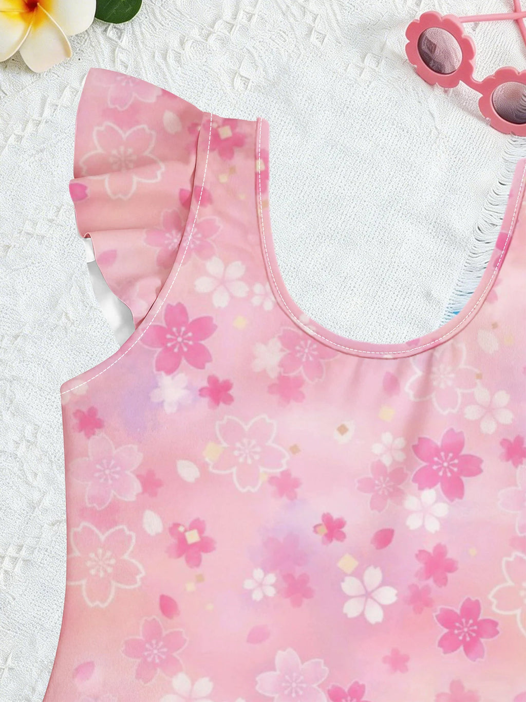 Kids Girls 2 Piece Pink Cherry Blossom Print One Piece Swimsuit with Ruffle Skirt Cover Up Summer Beach Swimwear