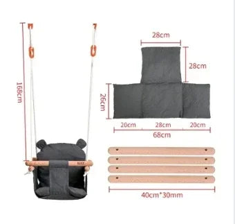 Beige Canvas and Wood Baby Swing Chair - Indoor Outdoor Hanging Toy