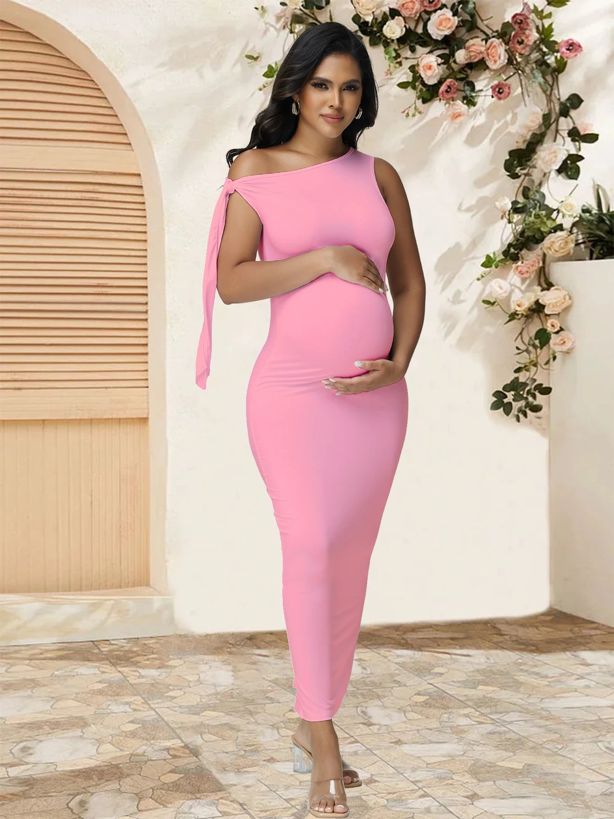 Maternity Summer Dress For Baby Shower Photoshoot Skew Collar Tie Bodycon Pregnancy Gown