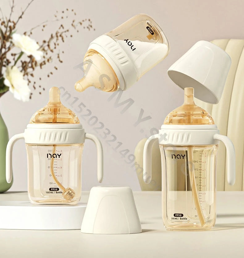 PPSU baby bottle, wide caliber, anti bloating and anti choking, baby learning drink cup, children's milk straw cup