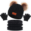 Winter Children's Scarf Hat Three-Piece Set with Pom-Pom Baby Infant Knitted Hat Warm Wool Thickened