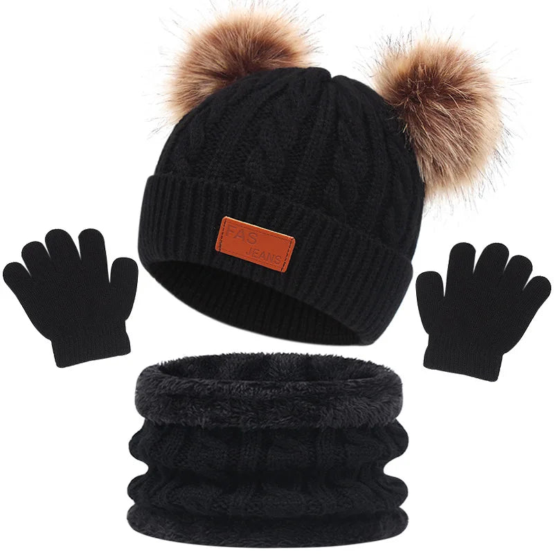 Winter Children's Scarf Hat Three-Piece Set with Pom-Pom Baby Infant Knitted Hat Warm Wool Thickened