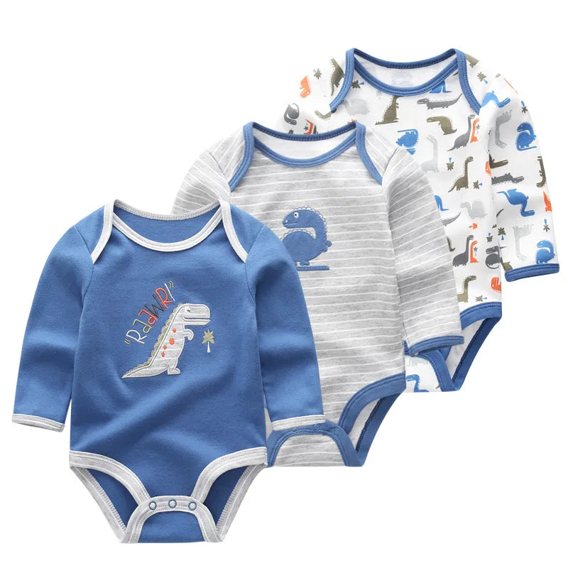 Kiddiezoom 3 Pcs/Lot Spring Autumn Cartoon Long Sleeve Newborn Baby Boy Girl Bodysuits 100%Cotton Soft Infants Clothes