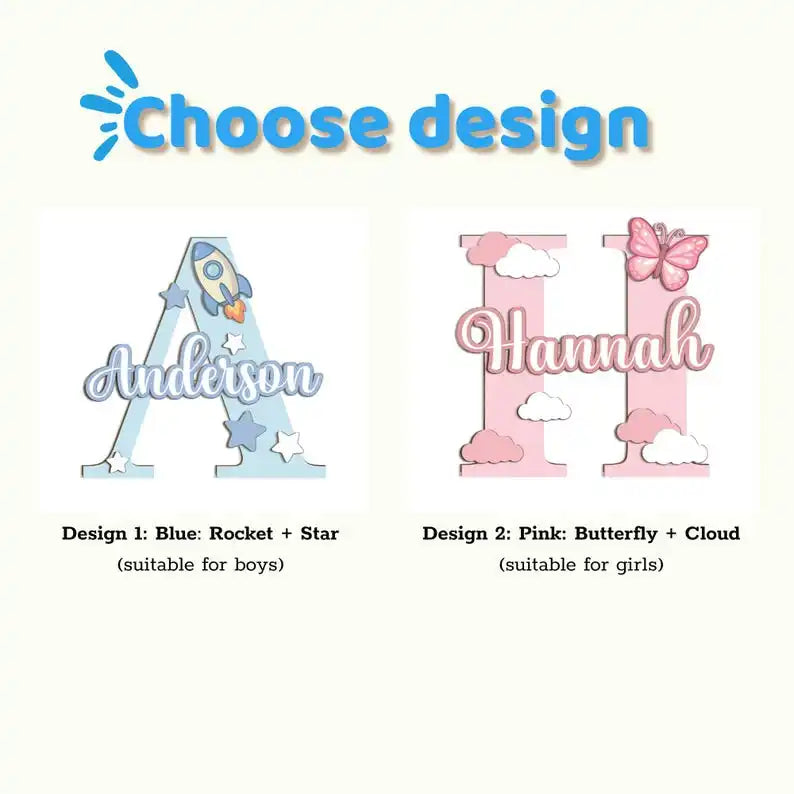 Personalized Wooden Initial Letter Name Sign – Pink Butterfly Cloud Nursery Wall Decor