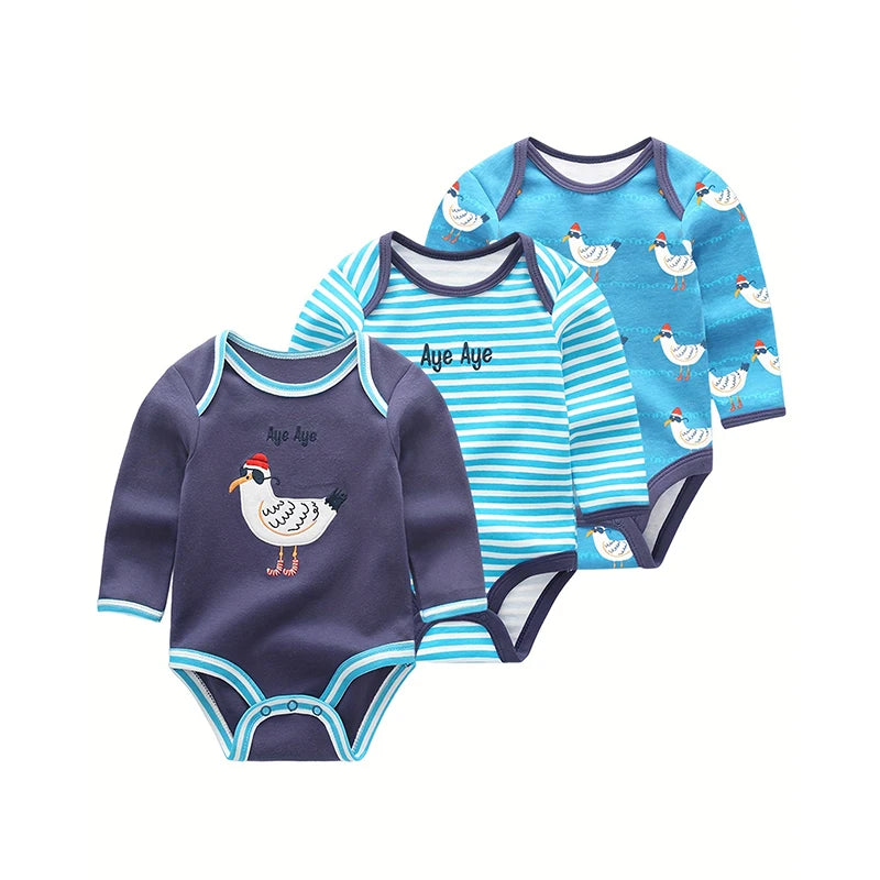 Kiddiezoom 3 Pcs/Lot Spring Autumn Cartoon Long Sleeve Newborn Baby Boy Girl Bodysuits 100%Cotton Soft Infants Clothes