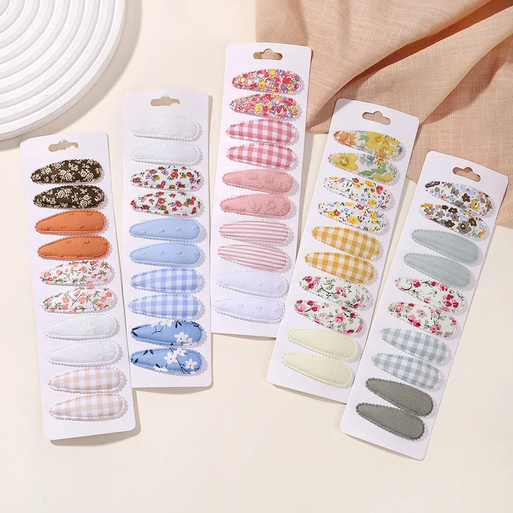 10pcs/set Baby Kids Fresh Print Cotton Alloy Hair Clips Fabric Plaid BB Hairpins Toddler Hairgrips Headwear Hair Accessories